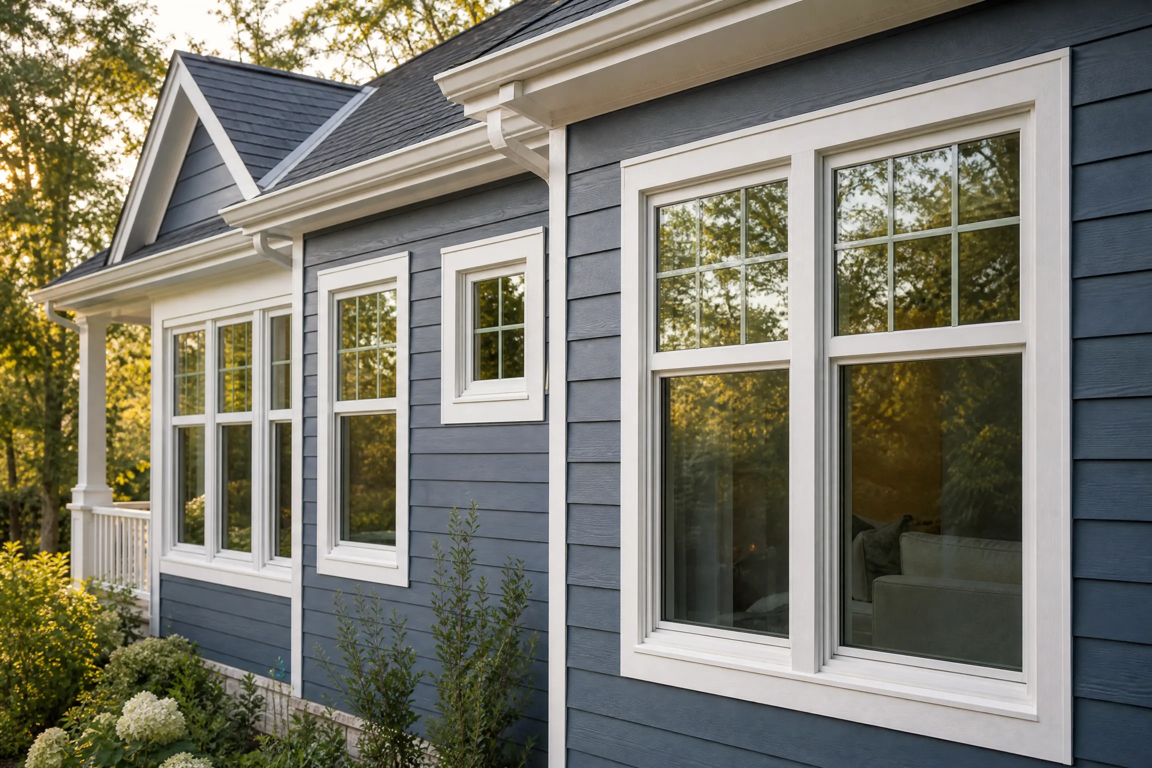 Energy-efficient white replacement windows installed on a blue-gray home exterior
